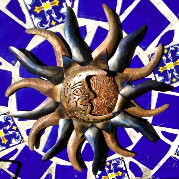 Gorgeous Mixed Metals Handmade Celestial Sunburst & Half Moon Face Sculpture - Picture 4 of 12